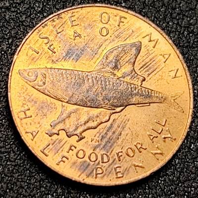 泉币菌-第150场-精品福利场 - 原铜光UNC 英属马恩岛 1981年 1/2 半便士青铜硬币 地图 鱼 17mm