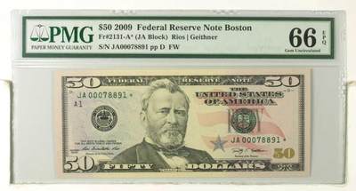 《外钞收藏家》第五百九十四期（畅拍场）（本平台长期征集拍品、欢迎藏友们联系合作） - 2009年 彩色版 50美元 星补号 万位号码000打头 号码无4 PMG老壳严评66EPQ
