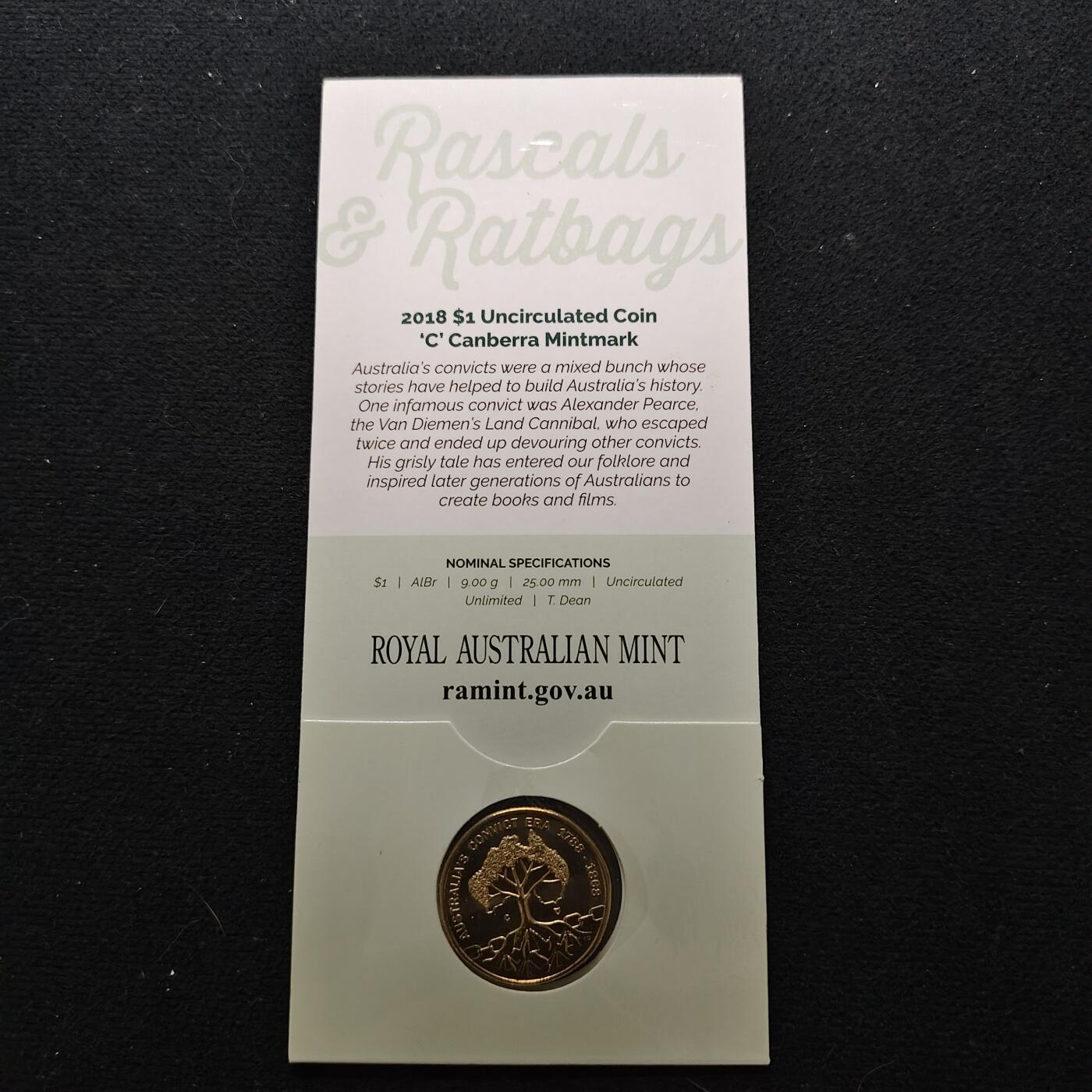 【全场包邮】纯粹捡漏拍486场（免费代拍第23场） 澳大利亚2018年1元历史上的澳大利亚流放犯时代（1788-1868年）官方卡装纪念币