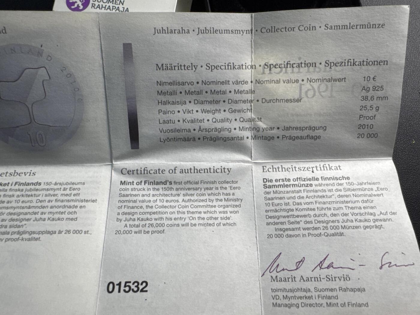 ❤️【币观天下】❤️ 第335期钱币拍卖- 2025.12.19周五晚上6点半场-长期征集拍品 原厂盒证芬兰2010年著名建筑设计师埃罗·沙里宁诞辰100周年精制纪念银币925银25.5克直径38.6毫米