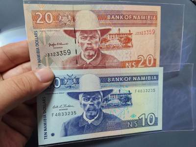 12月17号晚上8点 外国纸币自动截拍第73场 - 全新UNC  纳米比亚1993年10元，/20元 初版 维特布伊上尉