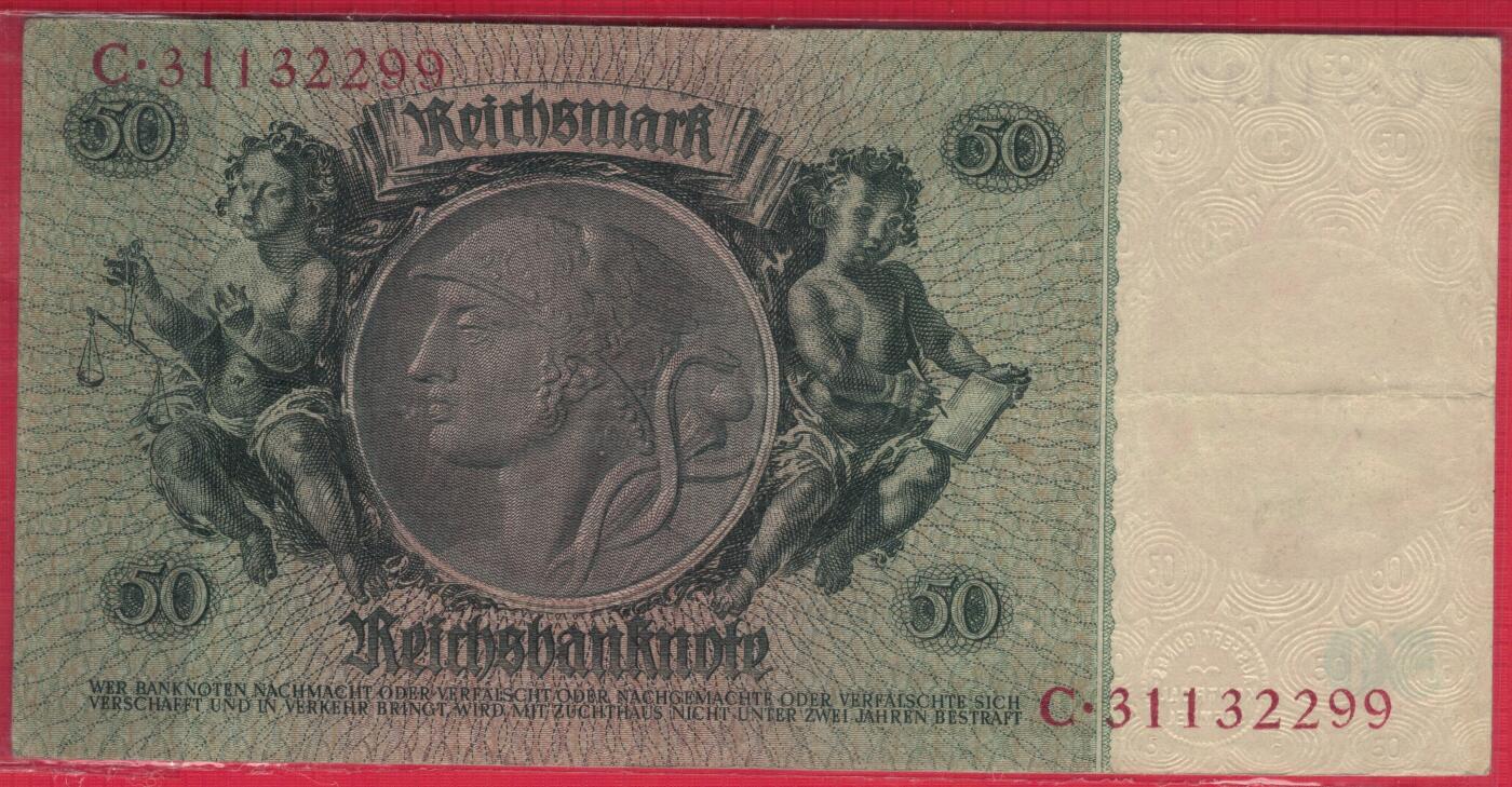 德国1933年50马克 P-182a 肖像水印 8位号码 无47 加盖字母L 实物图 八五品