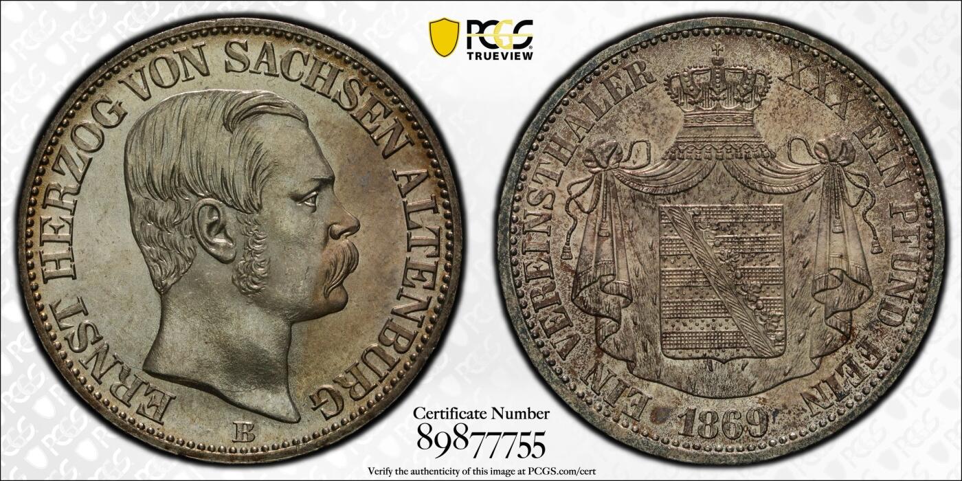 万国钱币拍卖第057期（万国冬季大拍） PCGS MS64 1869年德国萨克森-阿尔滕堡邦徽流通1泰勒 难得小邦品种 丝绸转光原味香槟色包浆 PCGS季军分 高质量小邦收藏级品质