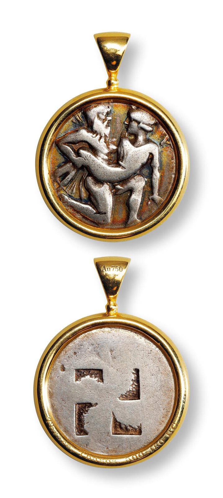 中贸圣佳2025年秋季拍卖会 众妙 公元前500-前450年 古希腊萨索斯岛森林之神萨提尔水仙女宁芙银币镶嵌18K金吊坠