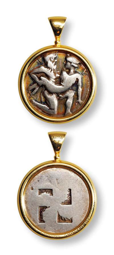 中贸圣佳2025年秋季拍卖会 众妙 - 公元前500-前450年 古希腊萨索斯岛森林之神萨提尔水仙女宁芙银币镶嵌18K金吊坠