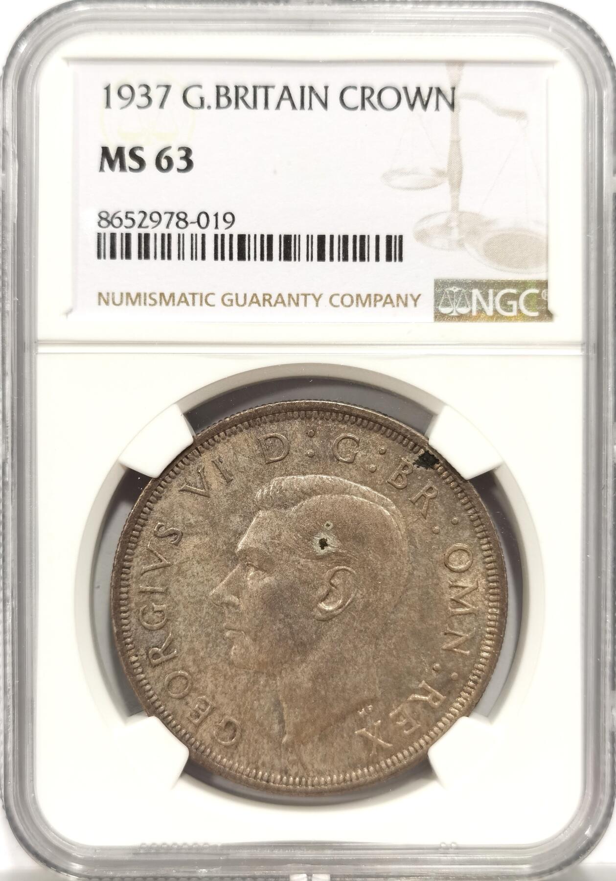 博洋堂世界钱币拍卖第153期（全场包邮） NGC MS63 英国1937年乔治六世克朗银币，欧洲彩，颜色很漂亮，状态很好。