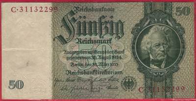德国1933年50马克 P-182a 肖像水印 8位号码 无47 加盖字母L 实物图 八五品 - 德国1933年50马克 P-182a 肖像水印 8位号码 无47 加盖字母L 实物图 八五品