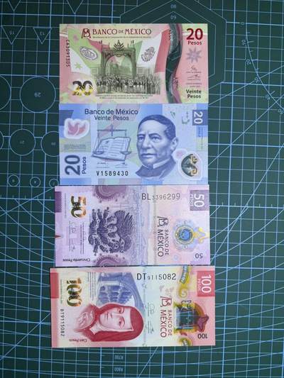 【炜奕收藏】，第五十三期 - 墨西哥20-100比索塑料钞，UNC品相，包含多张无47