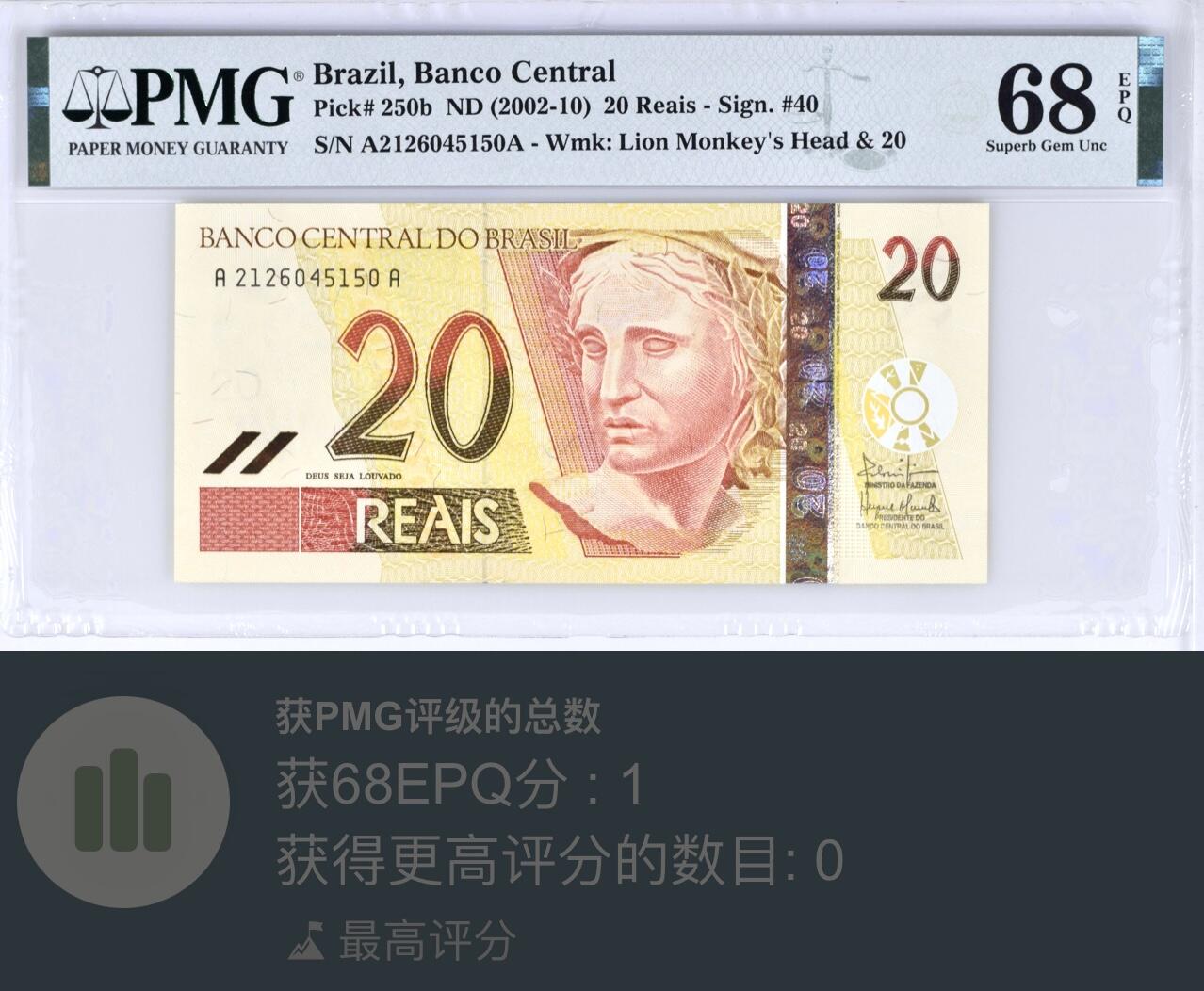 【礼羽收藏】🌏世界钱币拍卖第116期 PMG68 巴西20雷亚尔 非常稀少AA冠 初版二签 多年来唯一冠军分 很难出分品种