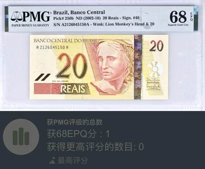 【礼羽收藏】🌏世界钱币拍卖第116期 - PMG68 巴西20雷亚尔 非常稀少AA冠 初版二签 多年来唯一冠军分 很难出分品种