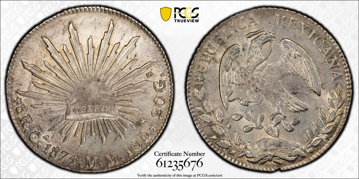 博洋堂世界钱币拍卖第153期（全场包邮） PCGS AU58 墨西哥1874年CA MM版花边鹰洋，原味转光，状态低评