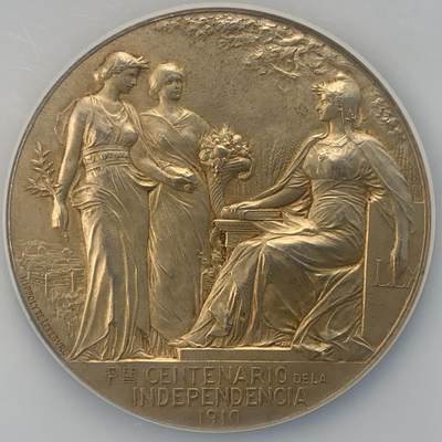 NGC MS62 : 1910年阿根廷共和国独立百周年纪念镀金银章，58mm， Nicolas Maier法国章优秀作品集#182号