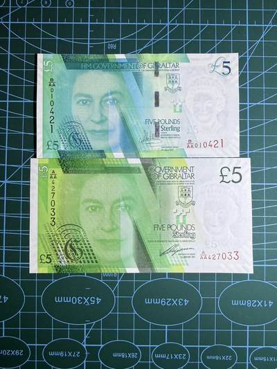 【炜奕收藏】，第五十三期 - 2011年&2020年直布罗陀5镑，UNC品相，均为首发冠