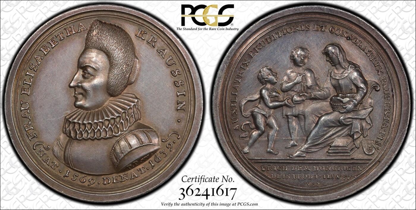 万国钱币拍卖第057期（万国冬季大拍） PCGS SP58  1739年德国纽伦堡商人和慈善家伊丽莎白·克劳斯逝世100周年纪念大银章 其创建的伊丽莎白·克劳斯基金会建立了孤儿院、资助学校并提供四年奖学金 43.2MM 29.67G 当年仅作为赠送出席基金会百周年之际在场的贵宾 非常罕见的18世纪高浮雕收藏级品种