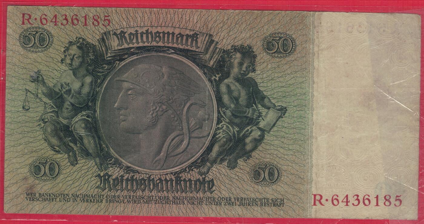 德国1933年50马克 P-182a 肖像水印 7位号码版 加盖字母D 实物图 八五品