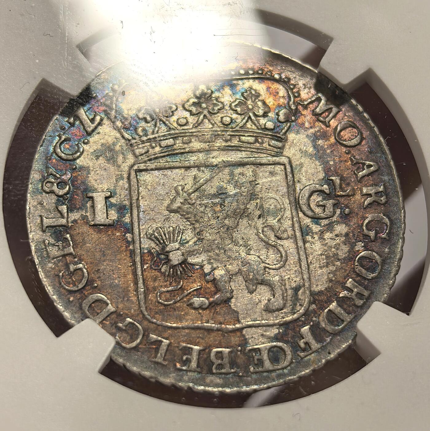博洋堂世界钱币拍卖第153期（全场包邮） NGC AU50 荷兰格尔德兰省1764年站人雅典娜1盾银币，带五彩带光状态，近300年的币这个状态不容易，今年11月博洋堂一枚VF30的不含佣560元成交