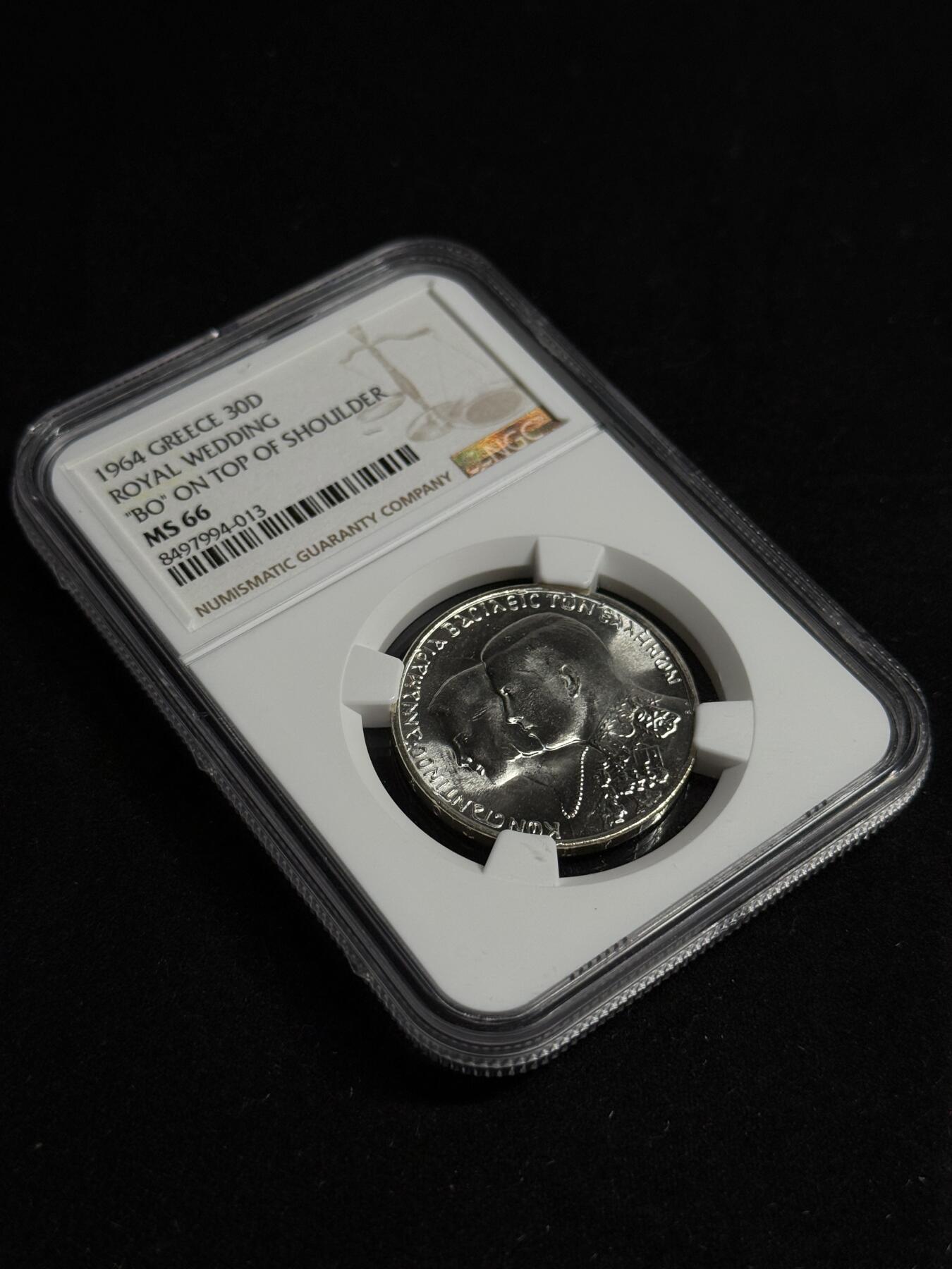 欢庆元旦！戎马世界章牌大赏第109期元旦大拍 NGC MS66 希腊1964年康斯坦丁二世结婚纪念30德拉克马银币