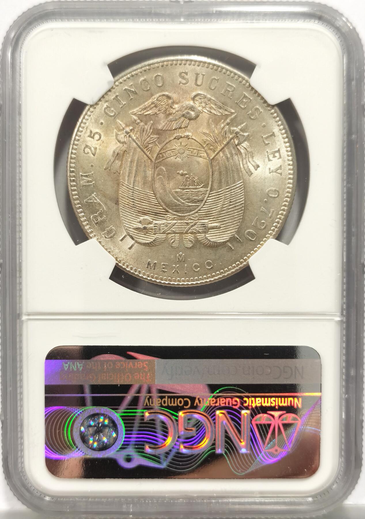 博洋堂世界钱币拍卖第153期（全场包邮） NGC MS64 厄瓜多尔1943年5苏克雷大银币，漂亮金彩，转光好品。