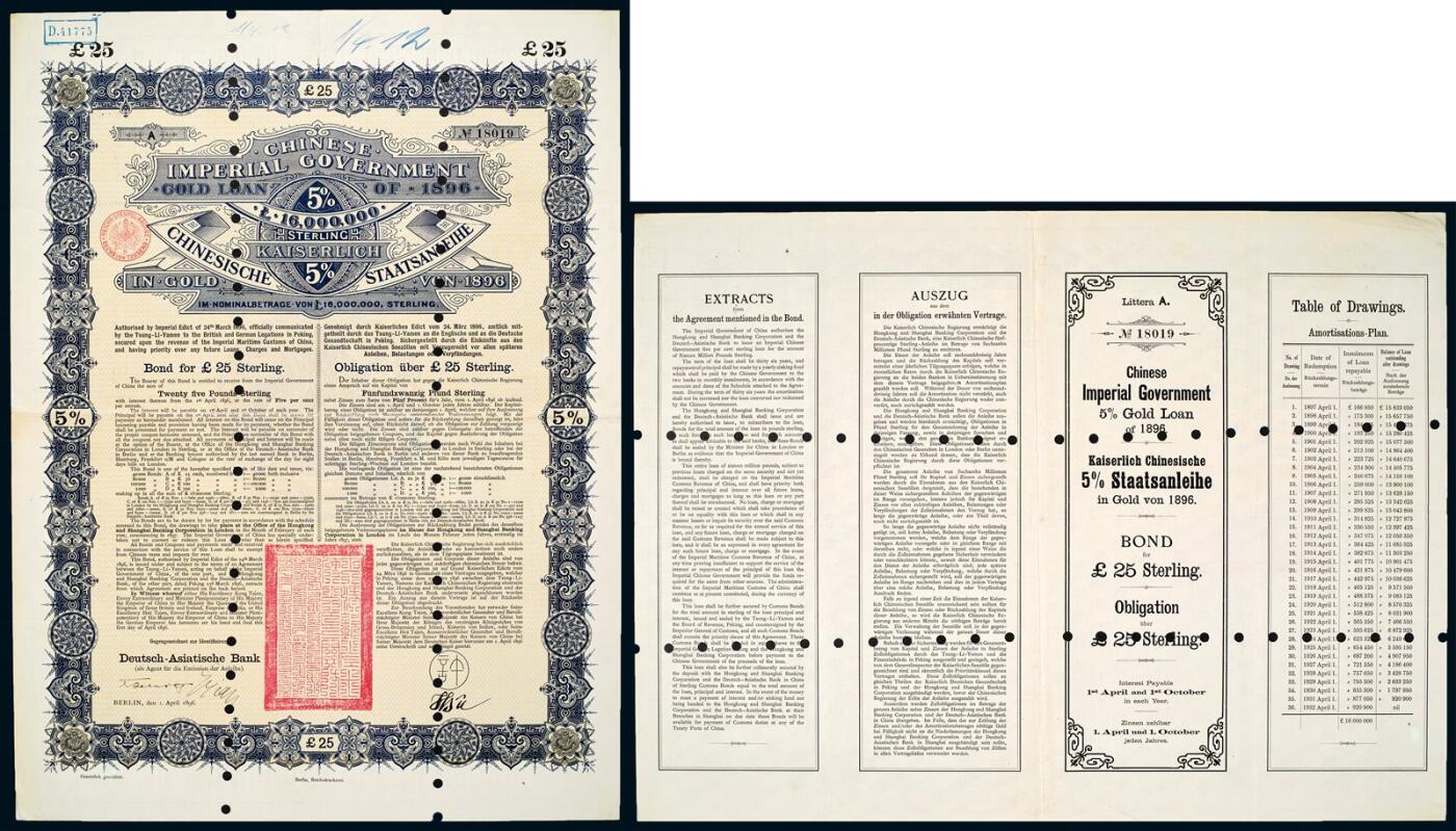 中贸圣佳2025年秋季拍卖会 众妙 1896年 黄金贷款债券25英磅一件票