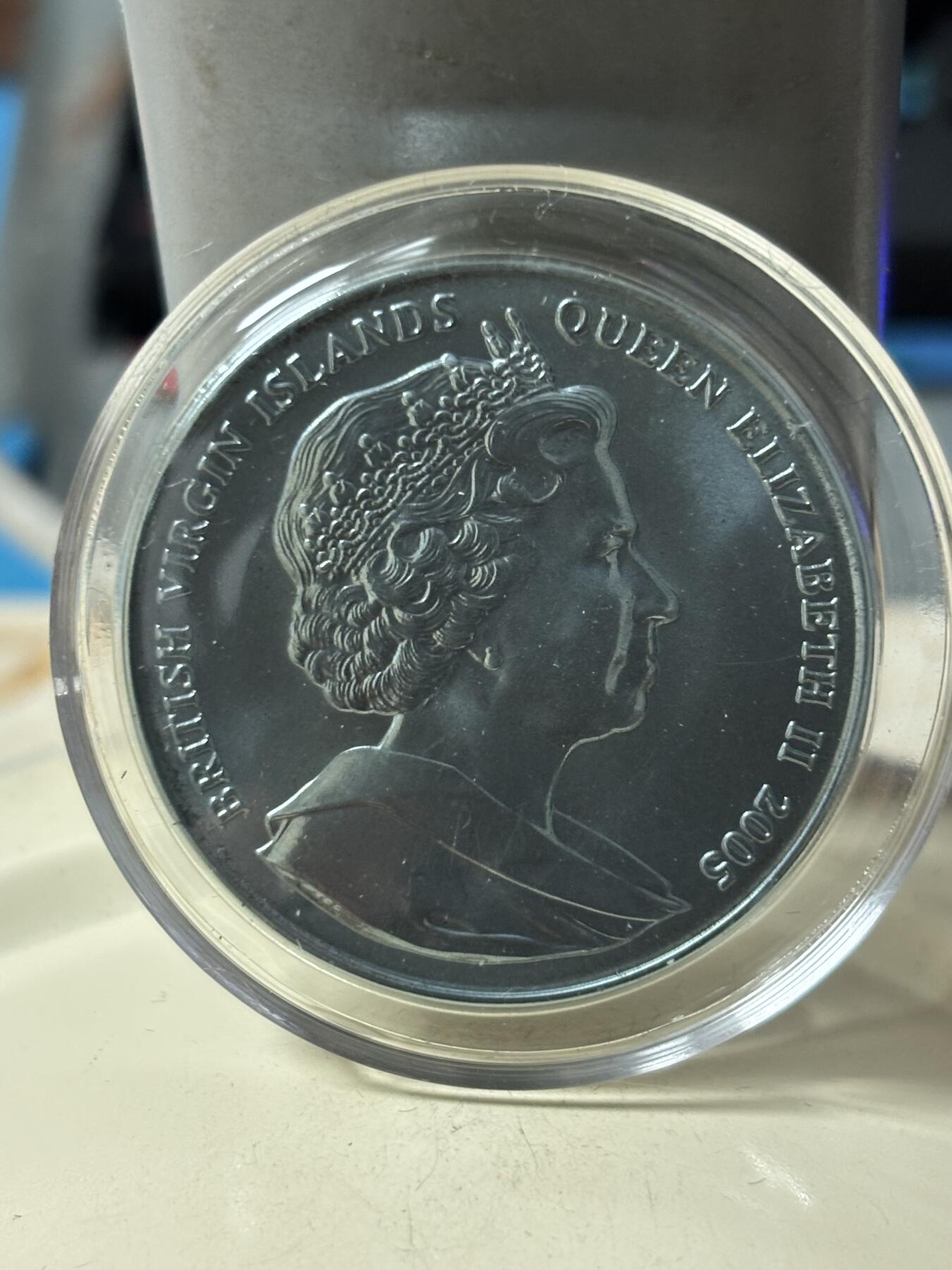 第186期拍卖 英属维尔京群岛2005 年倒天鹅邮票 青色 钛币 纪念币，10g，36.1mm，发行量7500枚