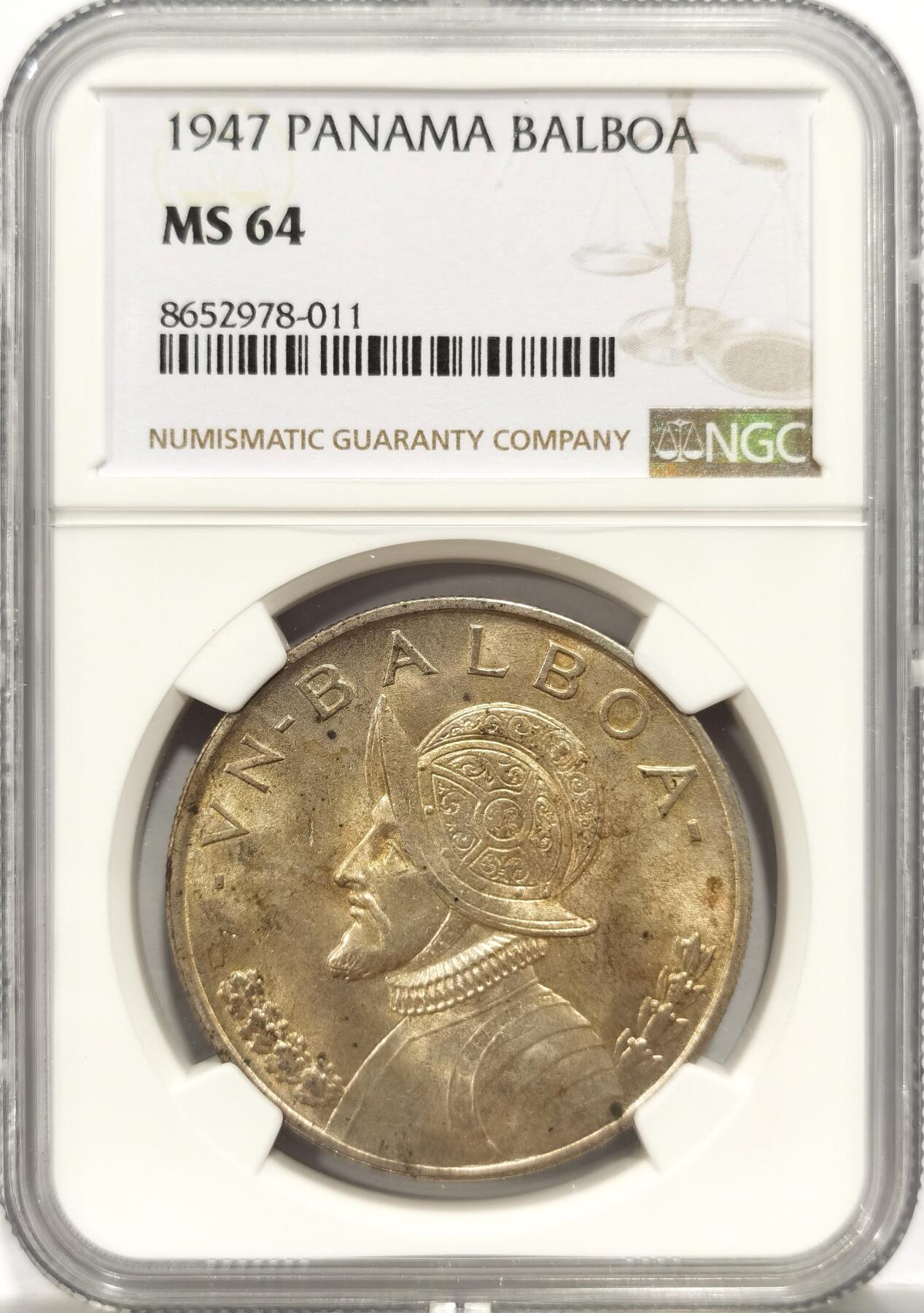 博洋堂世界钱币拍卖第153期（全场包邮） NGC MS64 巴拿马1947年一巴尔博亚大银币，淡彩转光好品，极美的状态。