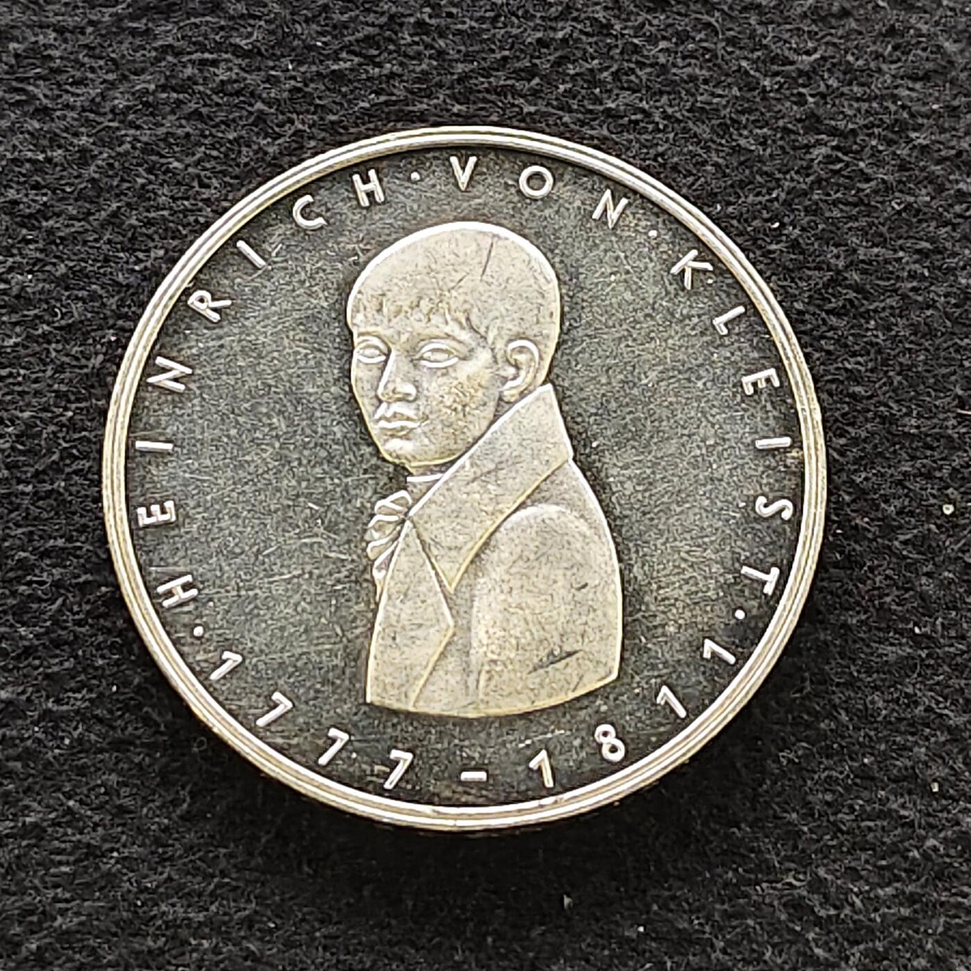 【全场包邮】纯粹捡漏拍486场（免费代拍第23场） 德国联邦德国1977年5马克小说家海因里希·冯·克莱斯特诞生200周年（29毫米11.2克）精制纪念银币