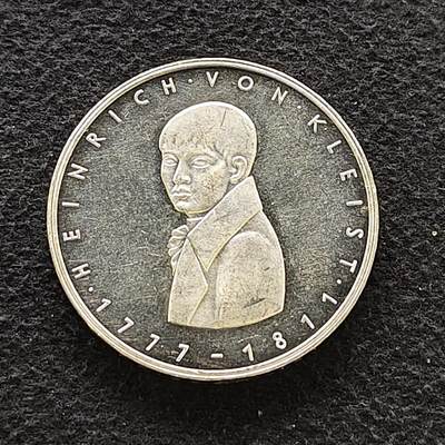 【全场包邮】纯粹捡漏拍486场（免费代拍第23场） - 德国联邦德国1977年5马克小说家海因里希·冯·克莱斯特诞生200周年（29毫米11.2克）精制纪念银币