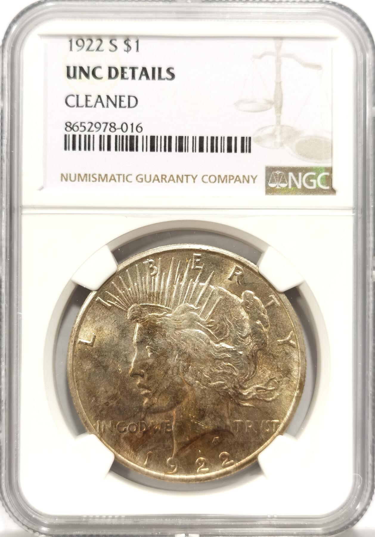 博洋堂世界钱币拍卖第153期（全场包邮） NGC UNC 美国1922年S版和平银币，带淡彩，少见版别，UNC状态少见。