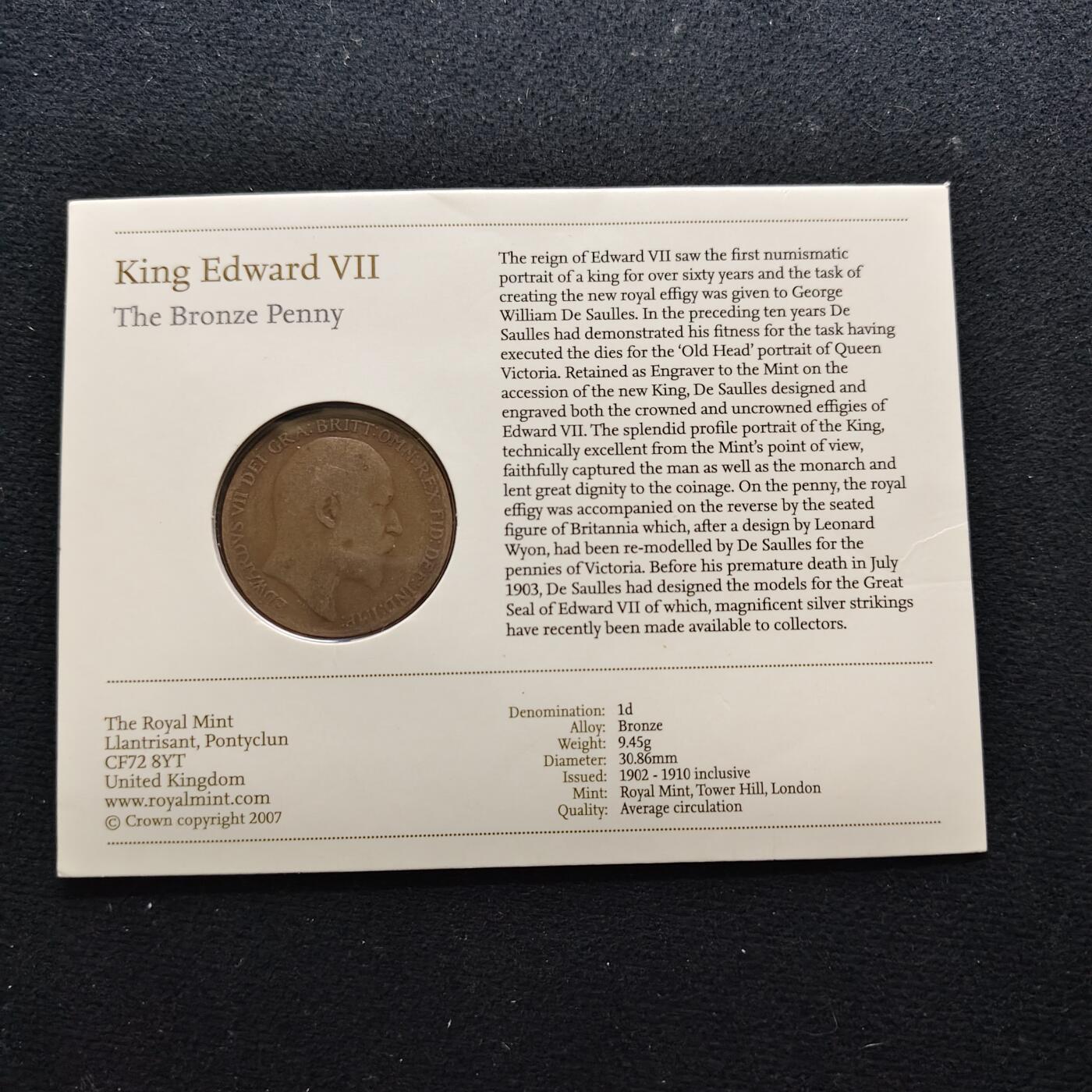 【全场包邮】纯粹捡漏拍486场（免费代拍第23场） 英国皇家造币厂发行爱德华七世1便士官方卡装纪念封装
