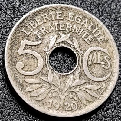 泉币菌-第149场-精品福利场 - 法国1920年5分 自由帽 火炬暗记 小版中孔铜镍币 17mm 