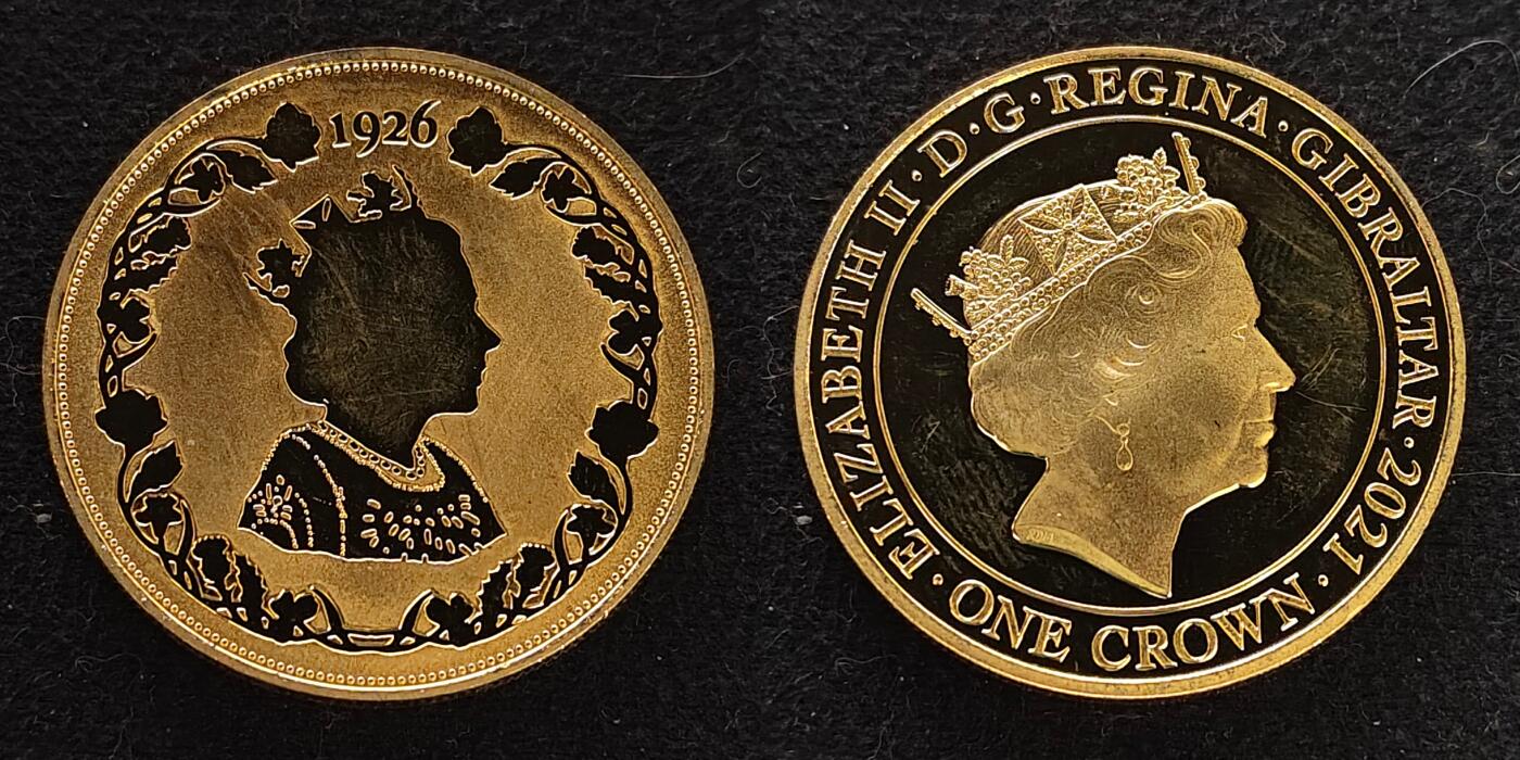 【全场包邮】纯粹捡漏拍489场（免费代拍第26场） 直布罗陀2021年1克朗伊丽莎白二世女王95岁大寿女王剪影镀金精制克朗型纪念币5枚全套