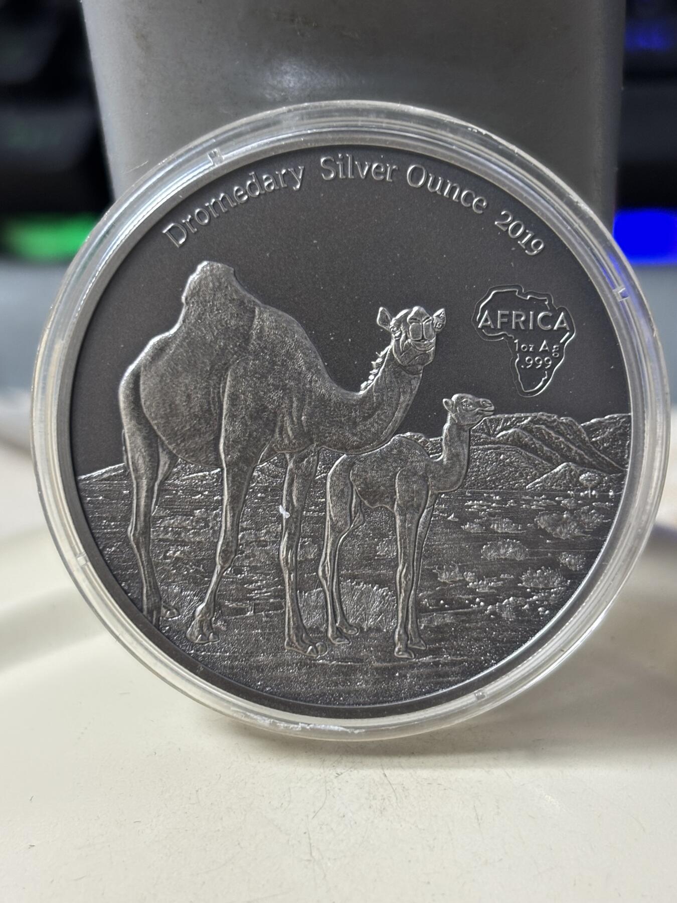 第186期拍卖 喀麦隆2019年动物骆驼1盎司仿古纪念银币，9999银，发行2000枚