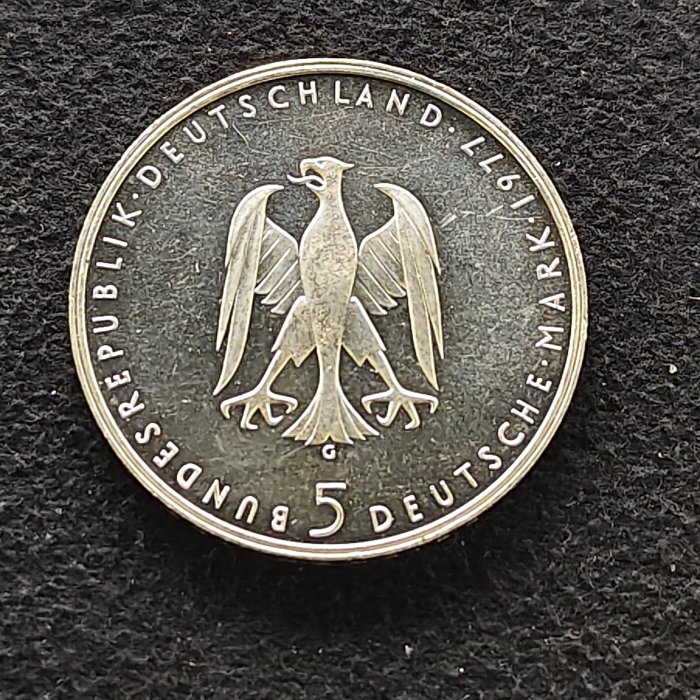 【全场包邮】纯粹捡漏拍486场（免费代拍第23场） 德国联邦德国1977年5马克小说家海因里希·冯·克莱斯特诞生200周年（29毫米11.2克）精制纪念银币