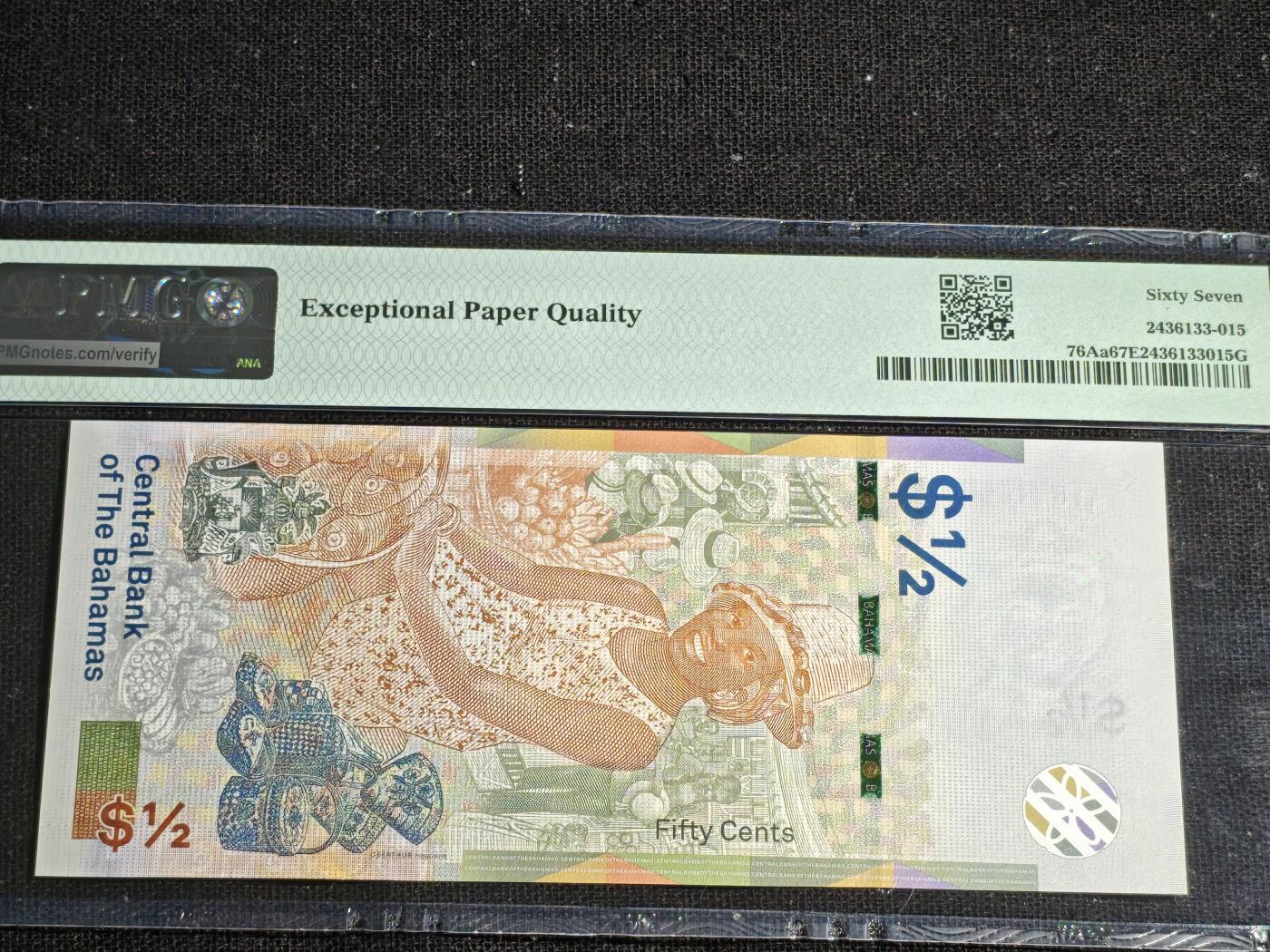 刘世昌艺术品销售中心～虎踞龙蟠*金杨在线联拍群第512期 巴哈马2019年1/2元（PMG 67E 号码：A187515）1枚。