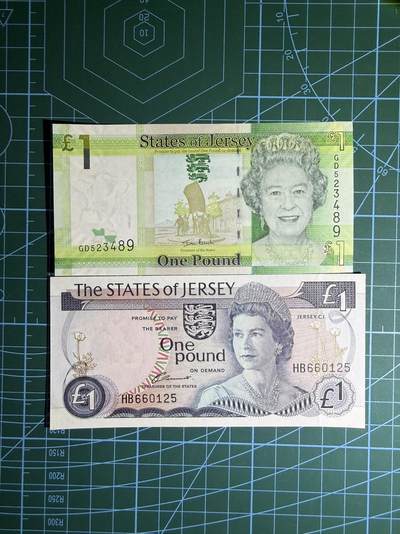 【炜奕收藏】，第五十三期 - 不同版本泽西1镑两张，UNC品相，包含一张无347