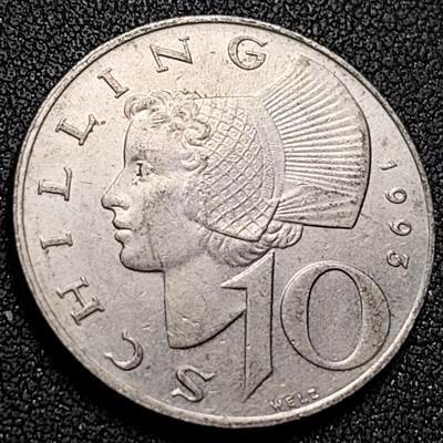 泉币菌-第150场-精品福利场 - 奥地利1993年10先令硬币 民族少女 26mm 纪念币铜钱