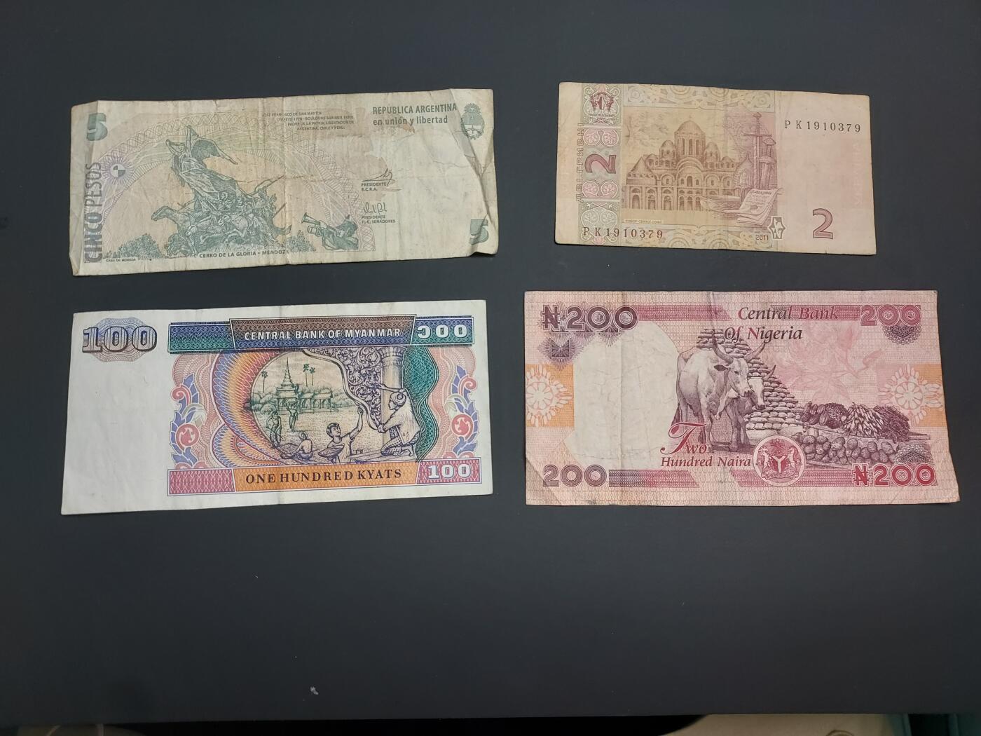 博彦收藏    12月22日 8点 钱币专场 全场包邮 阿根廷 等外国纸币4张 流通品