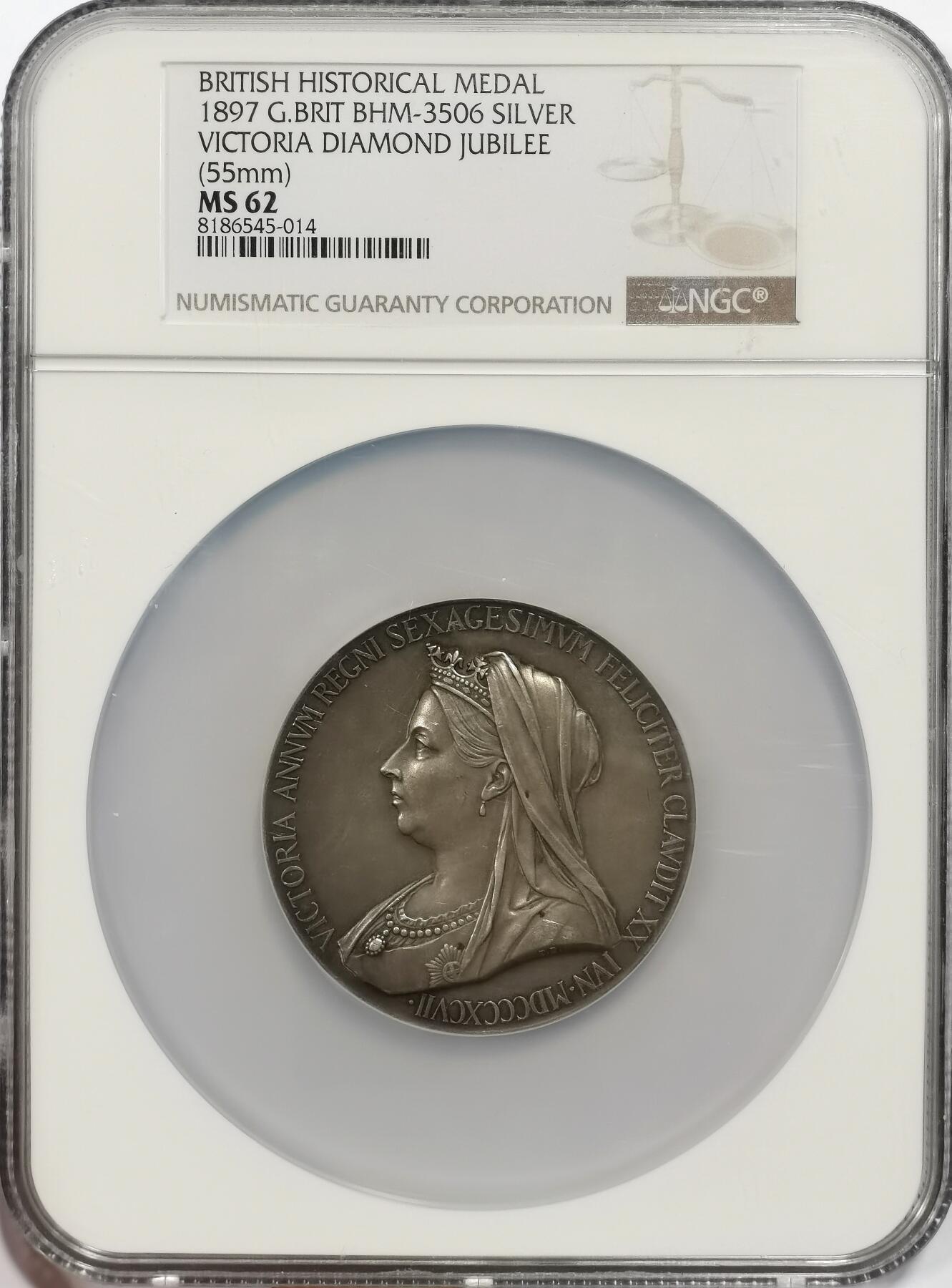 博洋堂世界钱币拍卖第153期（全场包邮） NGC MS62 英国1897年维多利亚登基60周年大银章 55mm 大盒封装 状态十分不错 非常经典的英国银章之一