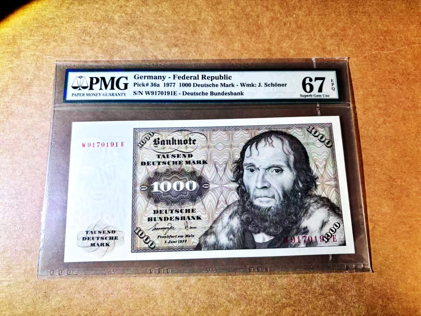 【Blue Auction】世界纸币精拍第764期——18级TOP拍卖/信誉/品质/专业/高效💫 德国 1977年1000马克 经典舍那 雕刻精美 PMG67EPQ 高分老壳