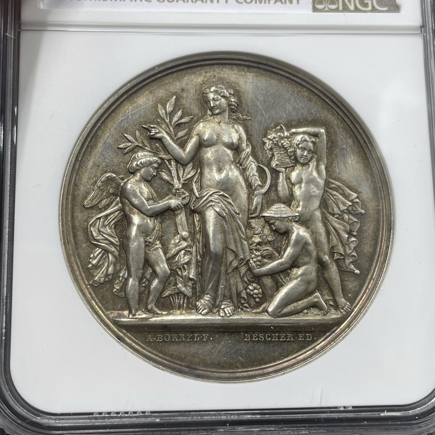 「木头集藏」“冬至雅藏”——章牌精品专场！ A.Borrel～1876年法国厄尔-卢瓦省德勒农业竞赛银章，MS62， 直径：42mm，蜜蜂边铭早期版本，高浮雕很有细节。