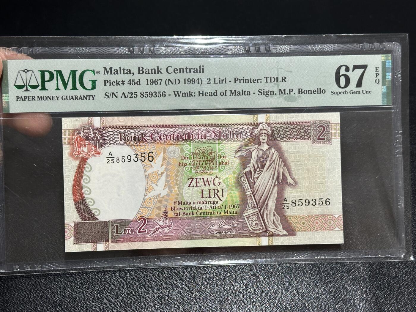 《外钞收藏家》第五百九十五期（优品场）（本平台长期征集拍品、欢迎藏友们联系合作） 1994年马耳他2里拉 PMG67 无47尾356（45d）
