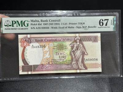 《外钞收藏家》第五百九十五期（优品场）（本平台长期征集拍品、欢迎藏友们联系合作） - 1994年马耳他2里拉 PMG67 无47尾356（45d）
