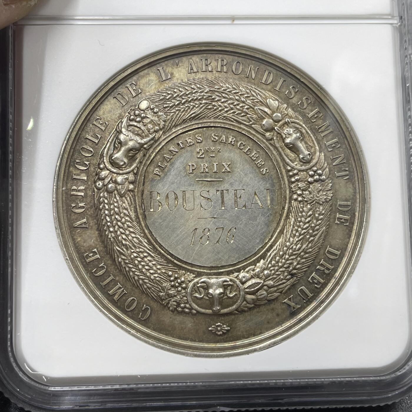 「木头集藏」“冬至雅藏”——章牌精品专场！ A.Borrel～1876年法国厄尔-卢瓦省德勒农业竞赛银章，MS62， 直径：42mm，蜜蜂边铭早期版本，高浮雕很有细节。