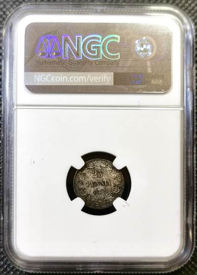 甄臻铺-世界币章拍卖（第44期）精品场拍品征集中，送拍享返佣金等优惠多多 NGC-UNCD 芬兰内战版1917二十五芬尼银币，实际上是64-65的品相，带点污染