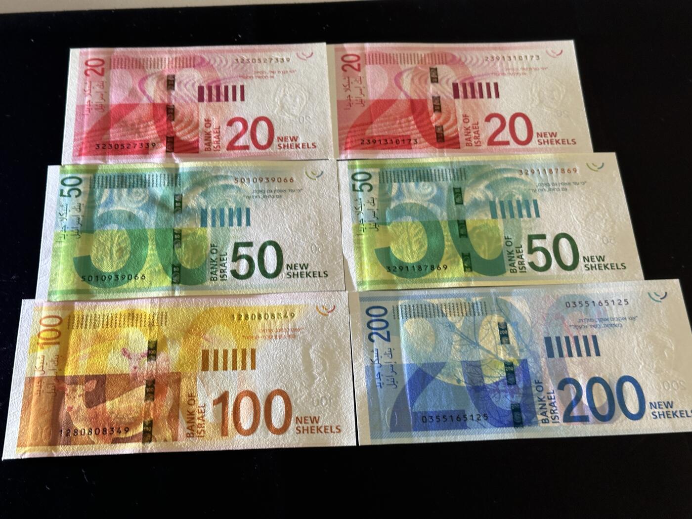 《外钞收藏家》第五百九十五期（优品场）（本平台长期征集拍品、欢迎藏友们联系合作） 以色列20、50、100、200谢克尔 六张一起 全新UNC  20和50分别有两张
