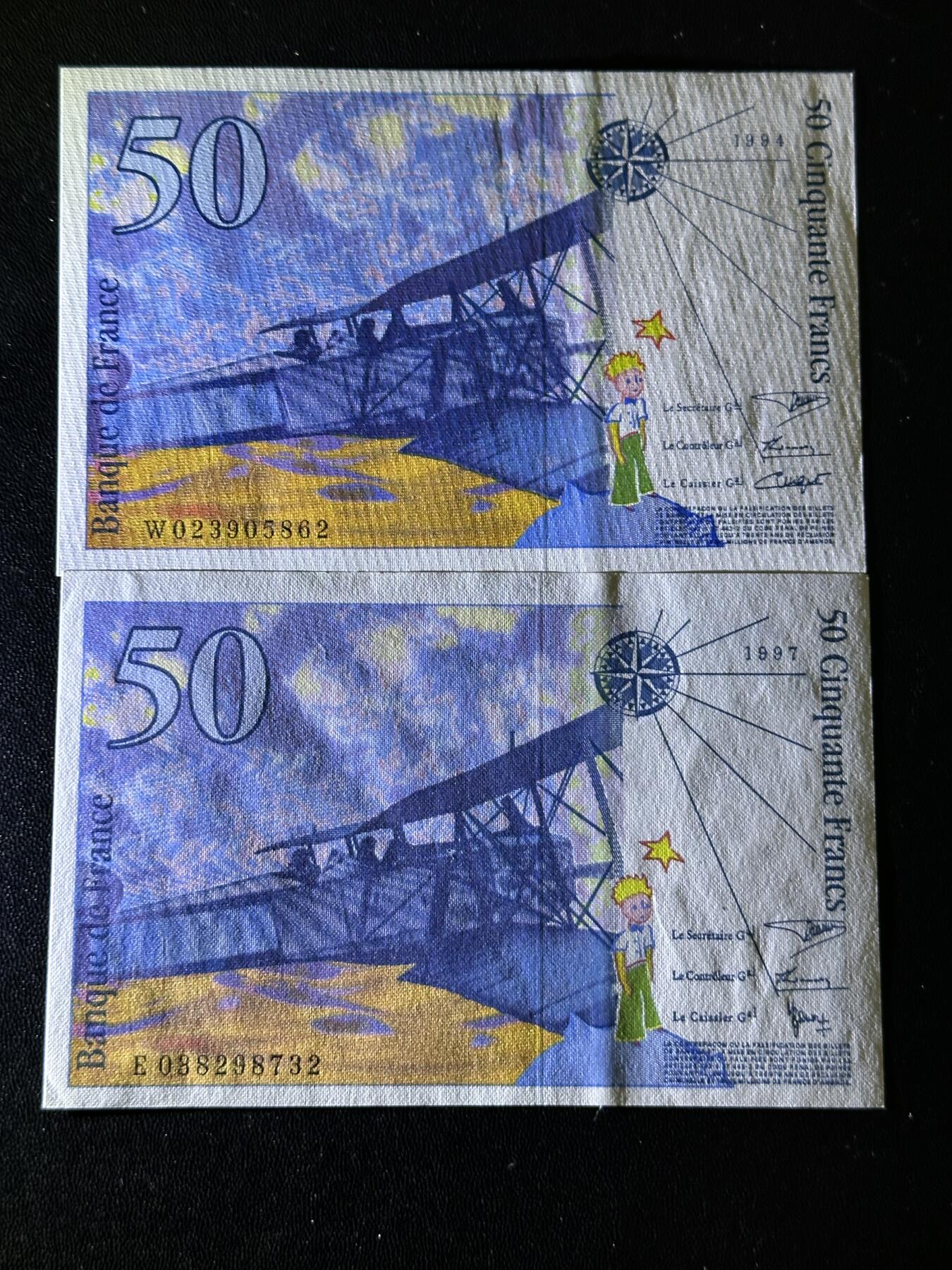 《外钞收藏家》第五百九十五期（优品场）（本平台长期征集拍品、欢迎藏友们联系合作） 1994和97年法国末版50法郎 2张一起 全新UNC