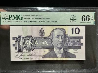 《外钞收藏家》第五百九十五期（优品场）（本平台长期征集拍品、欢迎藏友们联系合作） - 1989年加拿大鸟版10加元 PMG66 尾081