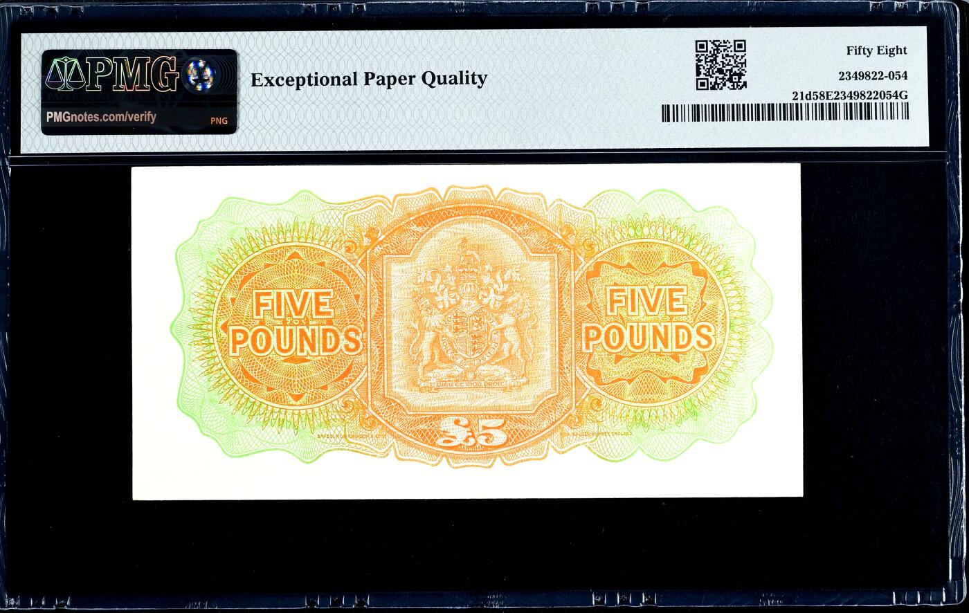 【Blue Auction】世界纸币精拍第764期——18级TOP拍卖/信誉/品质/专业/高效💫 百慕大 1966年5镑次高值 BWC出品 大冠女王 PMG58EPQ 近新原票 赏心悦目的一张 这张纸币展示了该系列纸币的最后发行日期（这张纸币的最终序列号为 T/1 800,000 表明它来自发行最后一批纸币的批次）十进制货币改革前曾短暂流通 值得收藏 