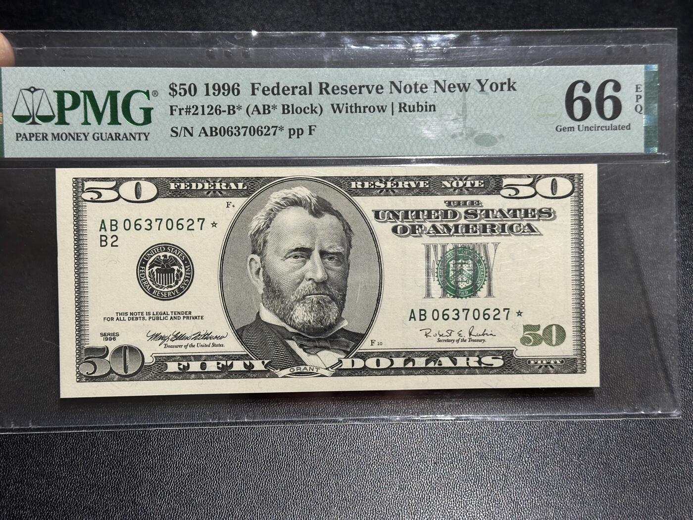 《外钞收藏家》第五百九十五期（优品场）（本平台长期征集拍品、欢迎藏友们联系合作） 1996年美国大头版50美元 补号 尾627