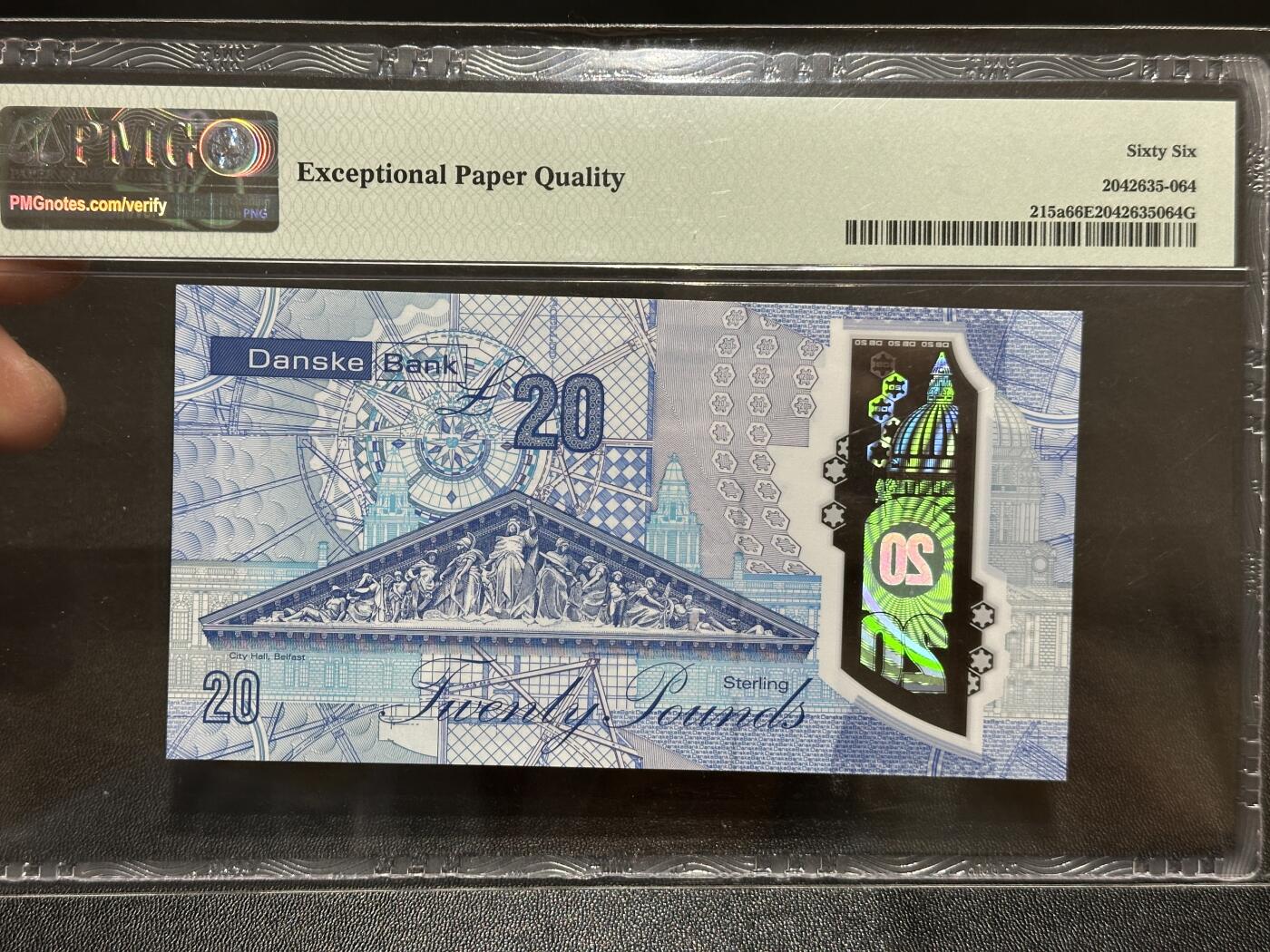 《外钞收藏家》第五百九十五期（优品场）（本平台长期征集拍品、欢迎藏友们联系合作） 2019年北爱尔兰 丹斯克银行20镑 PMG66 AA冠 无47靓号